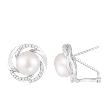 White Cultured Freshwater Pearl and CZ Rhodium Over Sterling Silver
7-8mm Button Earrings