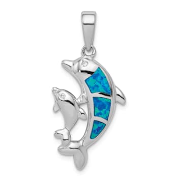 Rhodium Over Sterling Silver Blue Inlay Lab Created Opal Dolphin Pendant
