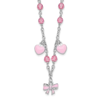 Rhodium Over Sterling Silver Crystal and Pink Enamel Heart with 1-inch
Extension Children's Necklace