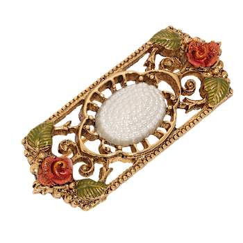 Gold Tone Faux Pearl Red Flower Rectangle Brooch