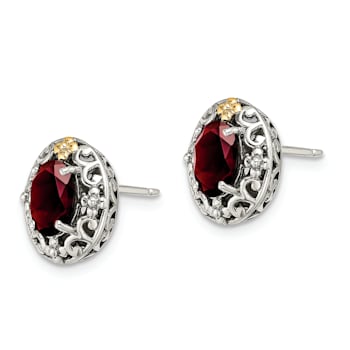 Sterling Silver with 14K Accent Antiqued Garnet Post Earrings