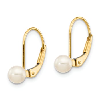 10k Yellow Gold 4-5mm White Round Freshwater Cultured Pearl Dangle Earrings