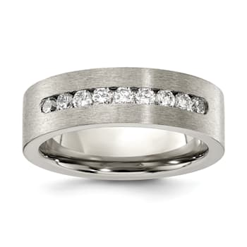 White Cubic Zirconia Titanium Flat 7mm Men's Band Ring