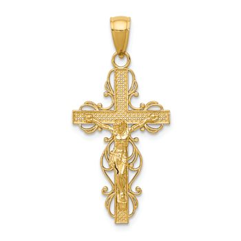 14k Yellow Gold Polished and Textured Crucifix with Lace Trim Pendant