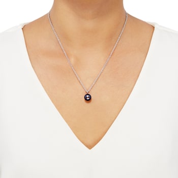 10-11mm Button Black Freshwater Pearl Solitaire Stainless Steel Pendant
with Chain