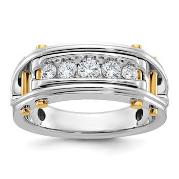 14K Yellow and White Gold Men's Polished Grooved Cut-Out 5-Stone Diamond Ring