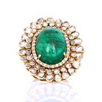 14.65 Ctw Emerald and 3.87 Ctw White Diamond Ring in 14K YG