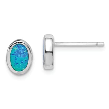 Rhodium Over Sterling Silver Polished Blue Created Opal Oval Stud Earrings