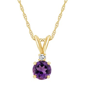 5mm Round Amethyst with Diamond Accent 14k Yellow Gold Pendant With Chain