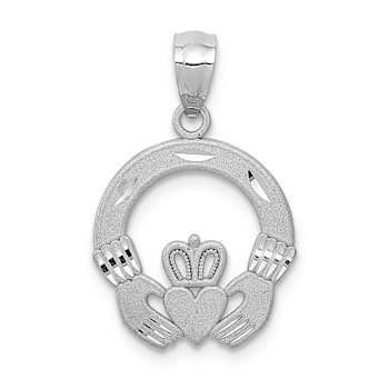 Rhodium Over 14k White Gold Solid Satin and Diamond-Cut Claddagh Pendant