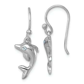Rhodium Over Sterling Silver Polished Crystal Dolphin Dangle Earrings