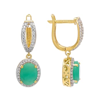 Emerald And Zircon Drop Earrings In 18K Gold Over Sterling Silver