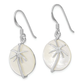 Rhodium Over Sterling Silver Polished Mother of Pearl Palm Tree Earrings