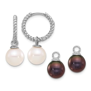 Rhodium Over 14K White Gold 7-8mm Black and White Freshwater Cultured
Pearl Dangle Hoop Earrings