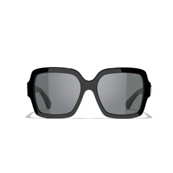 Chanel Shiny Black Square Frame with "CC" Accent/ Gray Lens Sunglasses
