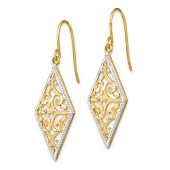 14K Yellow Gold and Rhodium Over 14K Yellow Gold Textured Diamond Shape
Filigree Dangle Earrings