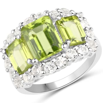 Green Peridot and White Topaz Rhodium Over Sterling Silver Ring 6ctw