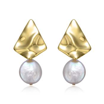 Freshwater Pearl Rippled Drop Earrings In 14K Gold Over Sterling Silver