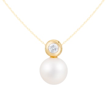 White Cultured Freshwater Pearl and Diamond 14K Yellow Gold Pendant 8-8.5mm