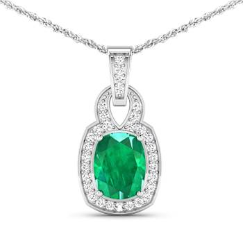 1.74ctw 14K White Gold Zambian Emerald and White Diamond Pendant with 18
inch Cable Chain
