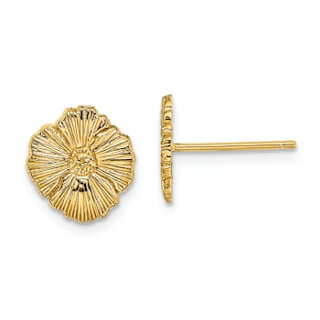 14k Yellow Gold Textured Flower Stud Earrings