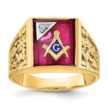10K Yellow Gold Men's Lab Created Ruby and Diamond Lodge Masonic Ring