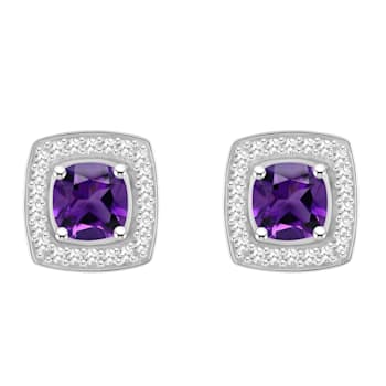 5mm Cushion Amethyst 1/5 ctw Diamond Rhodium Over Sterling Silver Halo
Stud Earrings