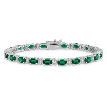 Rhodium Over 14k White Gold Oval Lab Created Emerald and Diamond Bracelet