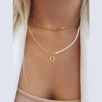 14K Gold Over Brass Initial Pearl Simulant Link Chain Necklace Letter Q