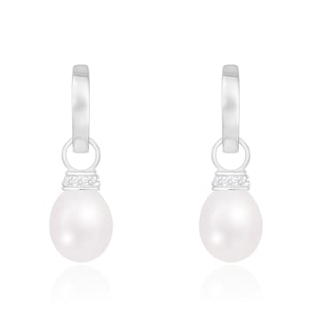 8-8.5mm White Cultured Freshwater Pearl Rhodium Over Sterling Silver Earrings