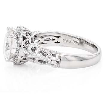 Sparkling Moissanite Halo Ring In Platinum-Enhanced Sterling Silver