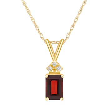 7x5mm Emerald Cut Garnet with Diamond Accents 14k Yellow Gold Pendant
With Chain