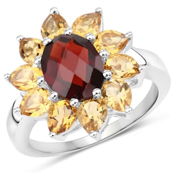 Red Garnet and Yellow Citrine Rhodium Over Sterling Silver Oval Floral
Cocktail Ring 5.5ctw