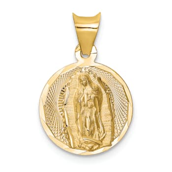 14k Yellow Gold Polished Diamond-Cut and Brushed Lady Of Guadalupe
Circle Pendant