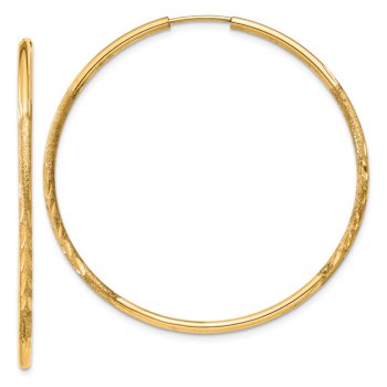 14k Yellow Gold Satin and Diamond-Cut 1 9/16" Endless Hoop Earrings