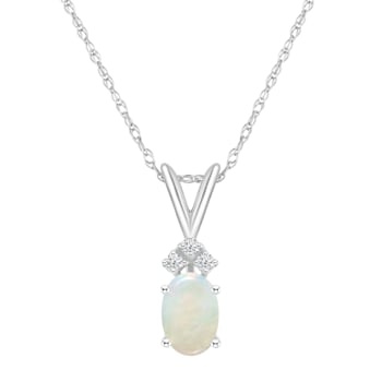 7x5mm Oval Opal with Diamond Accents 14k White Gold Pendant With Chain