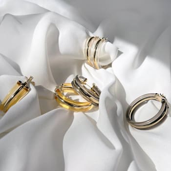 14K Yellow Gold Over Sterling Silver Acrylic Ridge Hoop Earrings in Clear