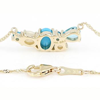 Turquoise, Opal and Topaz Bar Necklace In Solid 10K Yellow Gold 18 Inch