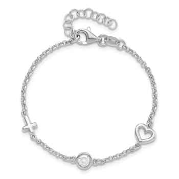 Rhodium Over Sterling Silver Cubic Zirconia Heart and Cross with 1-inch
Extension Bracelet