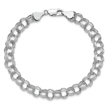 Rhodium Over 14k White Gold Lite 7mm Diamond-Cut Triple Link Charm Bracelet