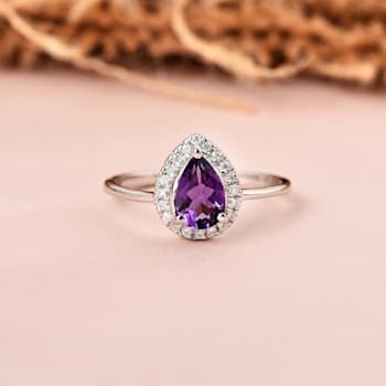 Pear Shape Amethyst with Moissanite Accents Rhodium Over Sterling Silver
Halo Ring