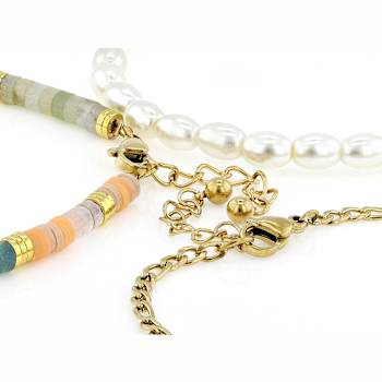 Set Of 3 Stackable Bracelet Set In Gold-Tone With Curb Link, Gemstone
Bead and Simulated Pearl Stretch Bracelets.