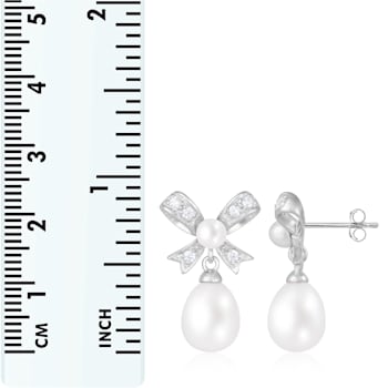 4.5-8.5mm White Cultured Freshwater Pearl and Cubic Zirconia Rhodium
Over Sterling Silver Earrings