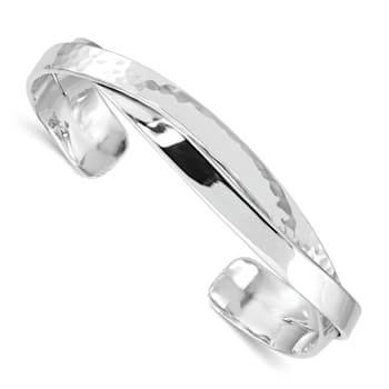 Rhodium Over Sterling Silver Plain 6mm Hammered Bands Cuff Bracelet