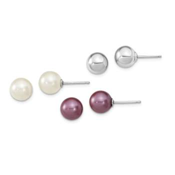 Rhodium Over Sterling Silver 8-9mm Plum/White Imitation Shell Pearl Post
3 Earring Set