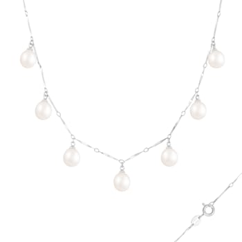 7-8mm White Cultured Freshwater Pearl Rhodium Over Sterling Silver Necklace