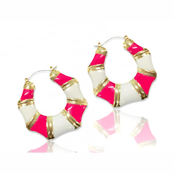 Gold Tone Pink and White Enamel Earring