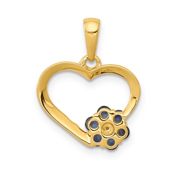 14k Yellow Gold Diamond and Blue Sapphire Heart with Flower Pendant