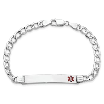 Rhodium Over 14k White Gold Medical Polished Red Enamel Curb Link ID Bracelet
