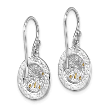 Rhodium Over Sterling Silver Two-tone Textured Sand Dollar Dangle Earrings